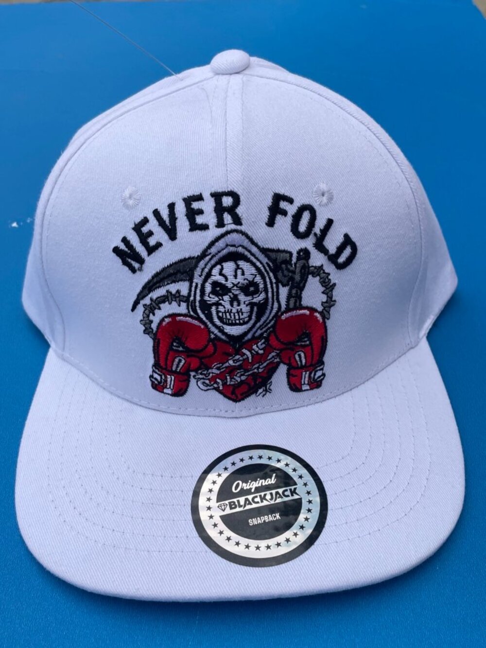 BlackJack Skull Boxing "Never Fold” White Hat Adjustable Snapback Men's NWOT